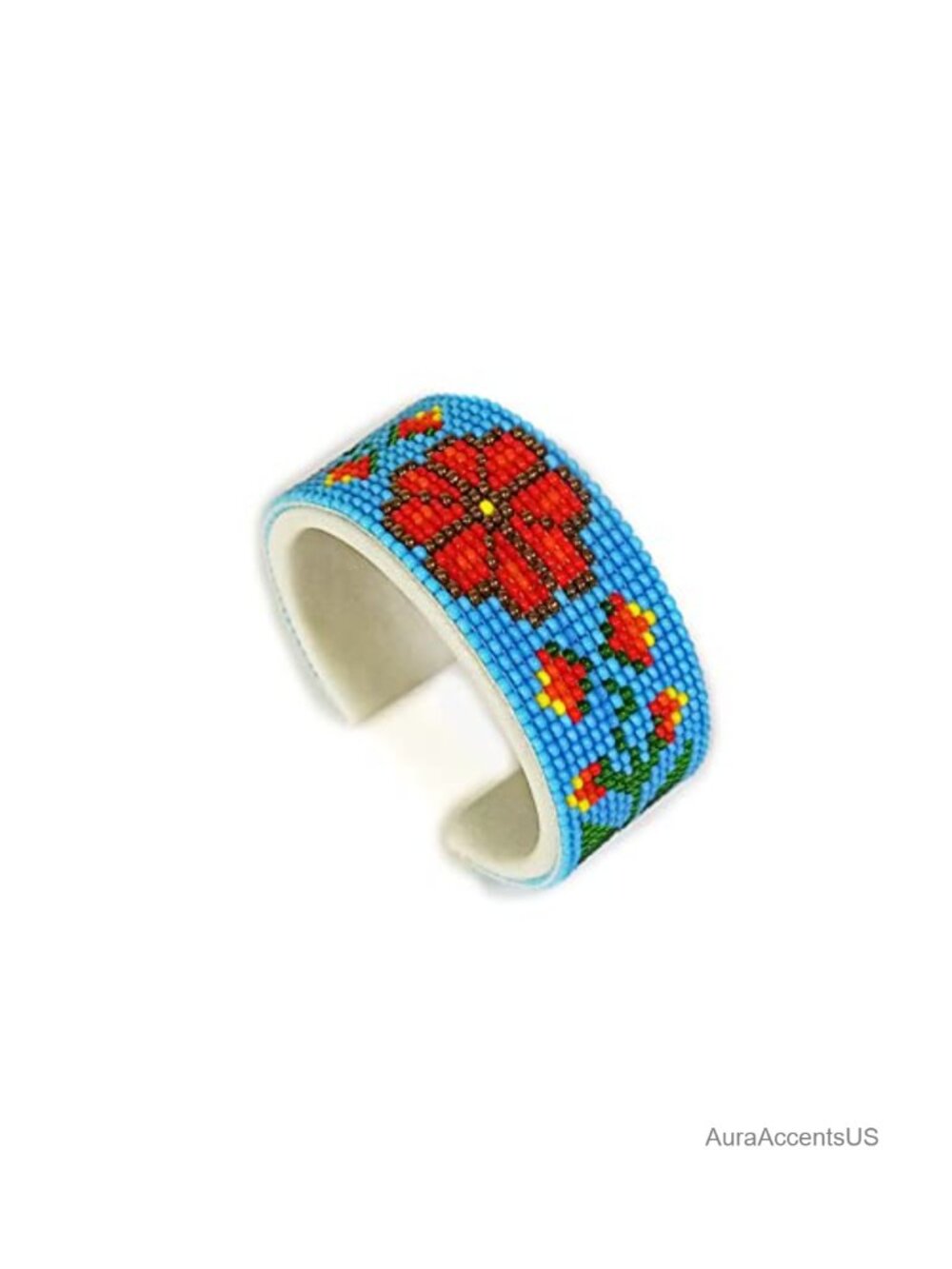 Handmade Native American Beaded Cuff Bracelet Tribal Geometric CZ Glass Leather